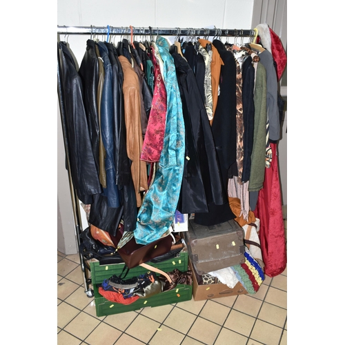 558 - THREE BOXES AND ONE RAIL OF WOMEN'S VINTAGE CLOTHING, clothing seven leather jackets in navy blue, b... 