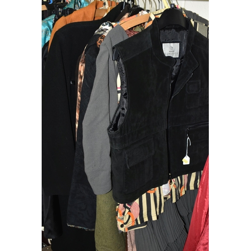 558 - THREE BOXES AND ONE RAIL OF WOMEN'S VINTAGE CLOTHING, clothing seven leather jackets in navy blue, b... 