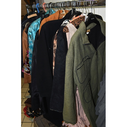 558 - THREE BOXES AND ONE RAIL OF WOMEN'S VINTAGE CLOTHING, clothing seven leather jackets in navy blue, b... 