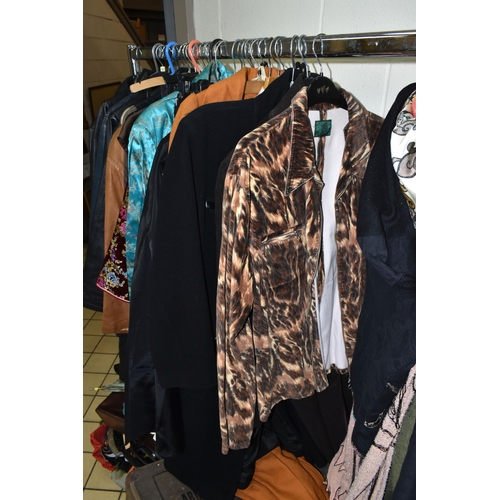 558 - THREE BOXES AND ONE RAIL OF WOMEN'S VINTAGE CLOTHING, clothing seven leather jackets in navy blue, b... 