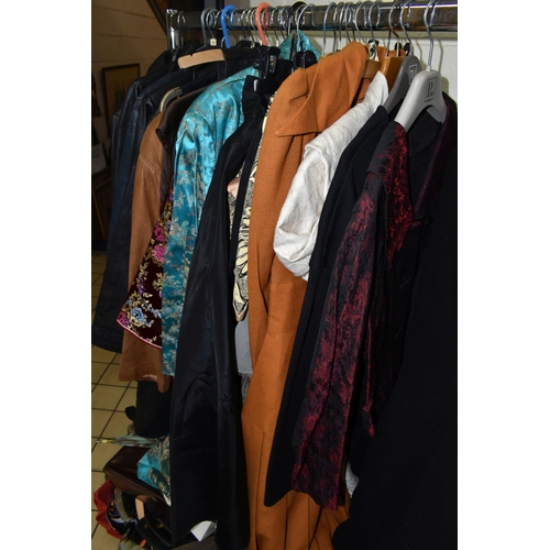 558 - THREE BOXES AND ONE RAIL OF WOMEN'S VINTAGE CLOTHING, clothing seven leather jackets in navy blue, b... 