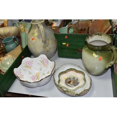 561 - THREE BOXES AND LOOSE CERAMICS ETC, to include art deco wall pockets and vases, assorted bowls, larg... 