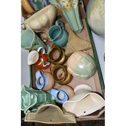 561 - THREE BOXES AND LOOSE CERAMICS ETC, to include art deco wall pockets and vases, assorted bowls, larg... 