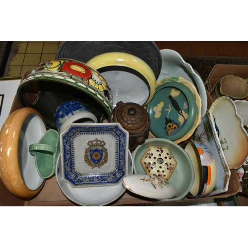 561 - THREE BOXES AND LOOSE CERAMICS ETC, to include art deco wall pockets and vases, assorted bowls, larg... 