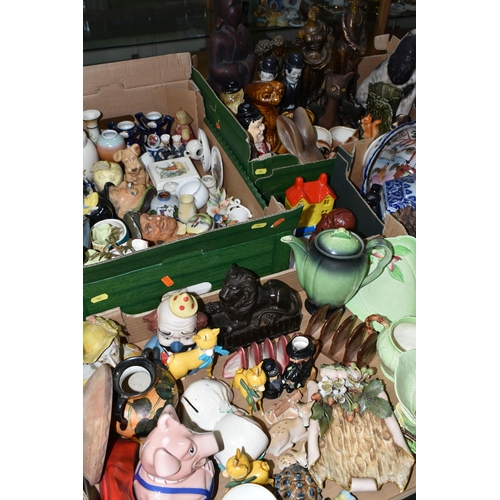 562 - FOUR BOXES OF ORNAMENTAL CERAMICS ETC, to include Carlton Ware, Sylvac, Noritake, Chinese Dogs of Fo... 