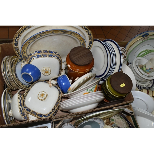 564 - SIX BOXES AND LOOSE DINNER AND TEA WARES ETC, to include Gray's Pottery  teapot and milk jug, blue a... 