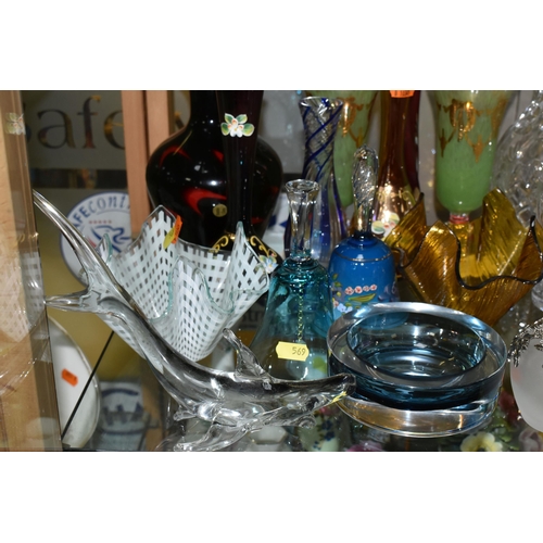 569 - A COLLECTION OF GLASSWARE, COLOURED AND CLEAR, including Murano style baluster vase, Tutbury Crystal... 