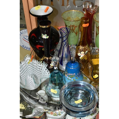 569 - A COLLECTION OF GLASSWARE, COLOURED AND CLEAR, including Murano style baluster vase, Tutbury Crystal... 