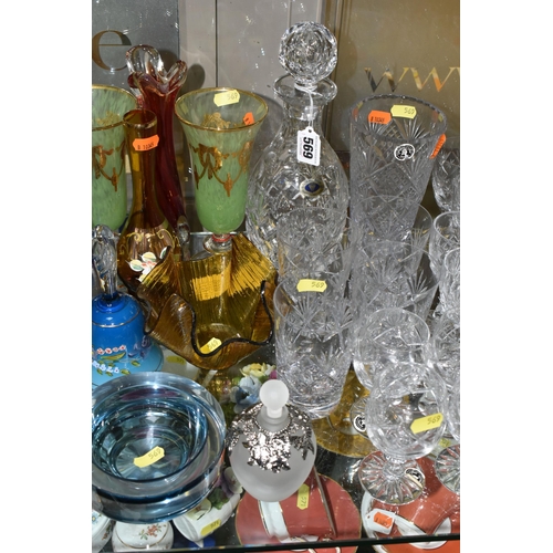 569 - A COLLECTION OF GLASSWARE, COLOURED AND CLEAR, including Murano style baluster vase, Tutbury Crystal... 