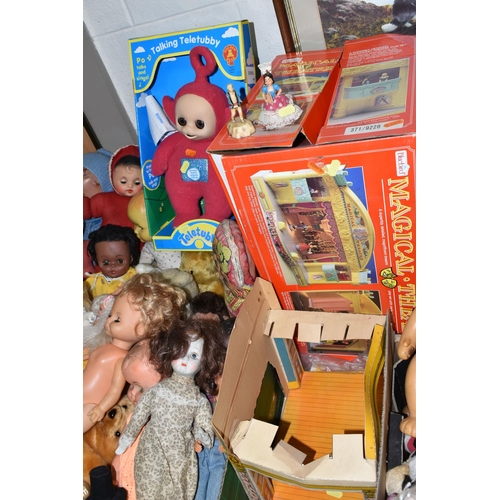 575 - TWO BOXES OF VINTAGE DOLLS, to include a Mattel Ken doll in his camping outfit, two Mattel Barbie do... 