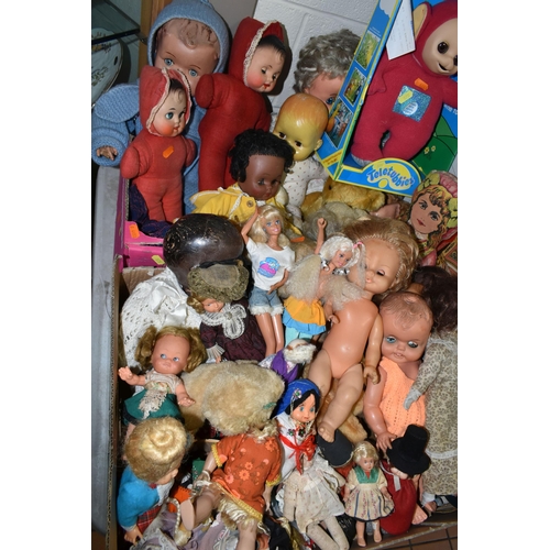 575 - TWO BOXES OF VINTAGE DOLLS, to include a Mattel Ken doll in his camping outfit, two Mattel Barbie do... 