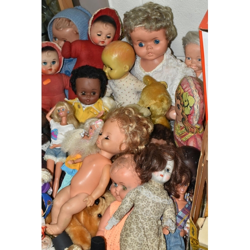 575 - TWO BOXES OF VINTAGE DOLLS, to include a Mattel Ken doll in his camping outfit, two Mattel Barbie do... 