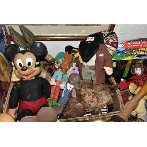 576 - THREE BOXES OF VINTAGE TOYS, to include a boxed Boglins 'Flurp', Gremlins, a 1970's Hasbro 'Mickey M... 