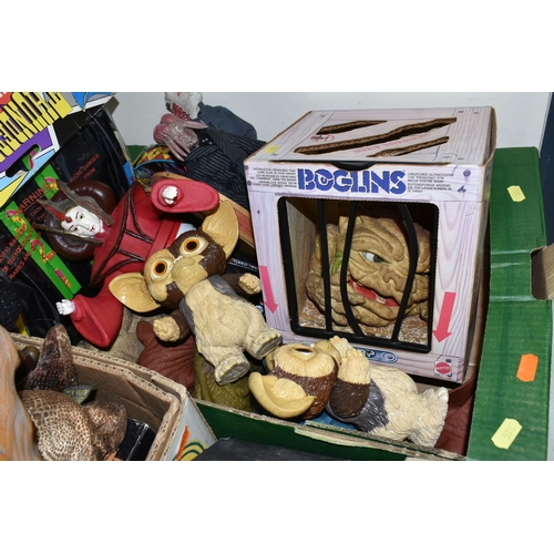 576 - THREE BOXES OF VINTAGE TOYS, to include a boxed Boglins 'Flurp', Gremlins, a 1970's Hasbro 'Mickey M... 