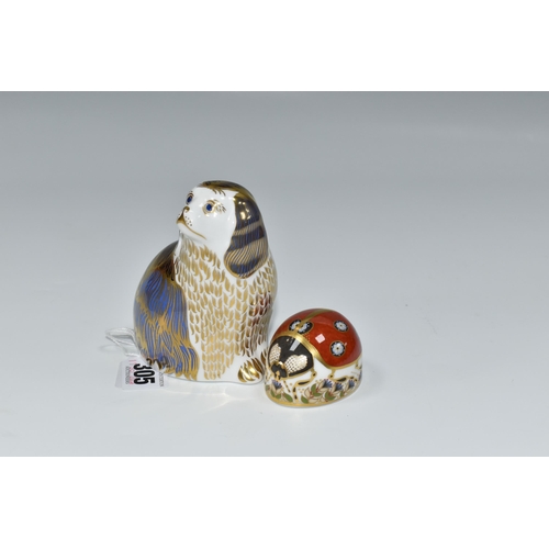 305 - FIVE ROYAL CROWN DERBY PAPERWEIGHTS, comprising a King Charles Spaniel height 10cm, gold stopper (sl... 