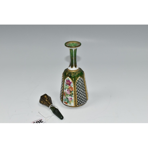 309 - A 19TH CENTURY GREEN BOHEMIAN GLASS SCENT BOTTLE, of mallet form, with white overlay, alternating di... 