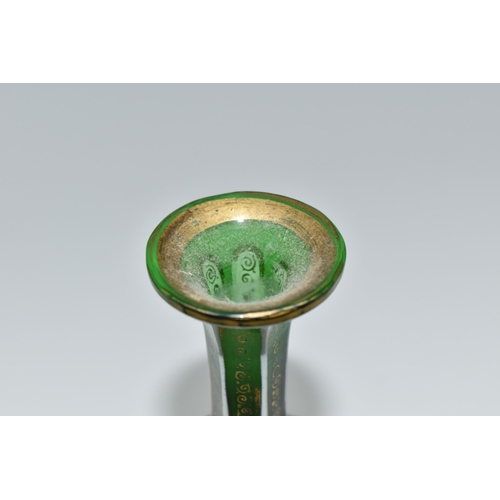 309 - A 19TH CENTURY GREEN BOHEMIAN GLASS SCENT BOTTLE, of mallet form, with white overlay, alternating di... 