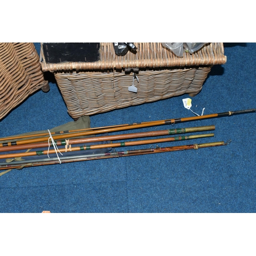 316 - TWO WICKER FISHING BASKETS AND A GROUP OF VINTAGE FISHING RODS AND REELS, comprising two hinged fish... 