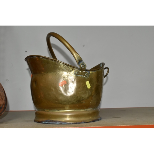 317 - A SMALL GROUP OF COPPER AND BRASSWARE, comprising a late 19th century copper 'Helmet' coal scuttle, ... 