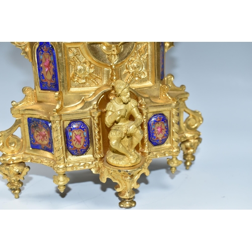 319 - A SECOND HALF 19TH CENTURY FRENCH GILT FIGURAL MANTEL CLOCK, the enamel dial with raised Roman numer... 