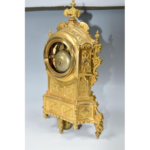 319 - A SECOND HALF 19TH CENTURY FRENCH GILT FIGURAL MANTEL CLOCK, the enamel dial with raised Roman numer... 