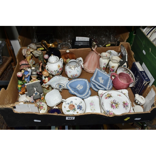 327 - FIVE BOXES OF CERAMICS AND GLASSWARE, to include a Jasba Keramic West German 137/25, a cream Beswick... 