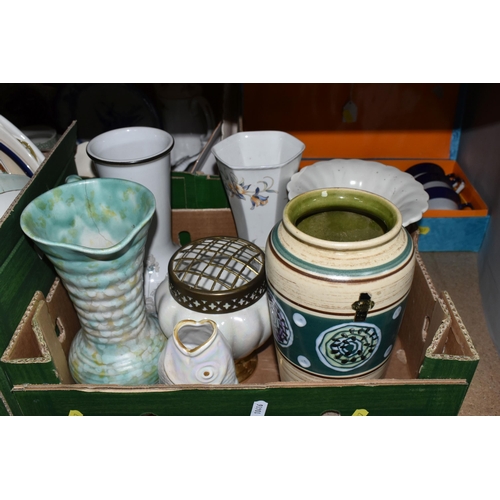 327 - FIVE BOXES OF CERAMICS AND GLASSWARE, to include a Jasba Keramic West German 137/25, a cream Beswick... 