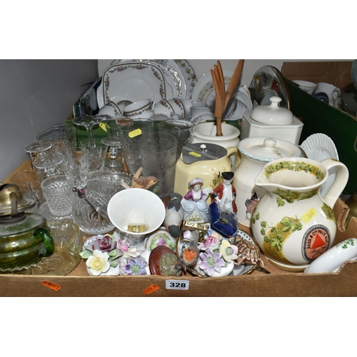 328 - THREE BOXES OF CERAMICS AND GLASSWARE, to include Crown Staffordshire tea set, Colclough tea set, a ... 