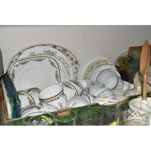 328 - THREE BOXES OF CERAMICS AND GLASSWARE, to include Crown Staffordshire tea set, Colclough tea set, a ... 