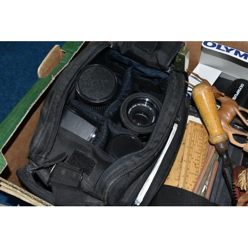 329 - TWO BOXES AND LOOSE PHOTOGRAPHIC LENSES, SINGER SEWING MACHINE, PLAYING CARDS AND SUNDRY ITEMS, to i... 