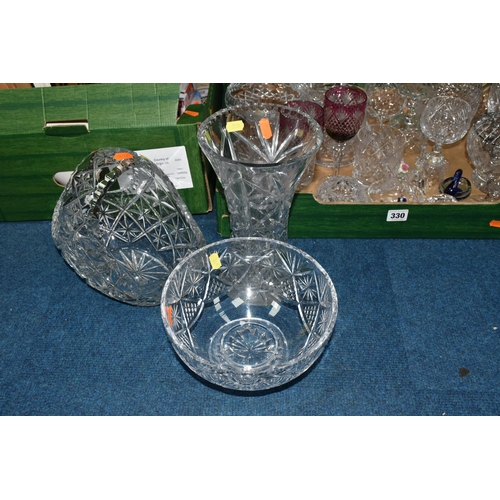 330 - THREE BOXES OF GLASSWARE AND ORNAMENTS, to include a large cut glass basket, fruit bowl and vase, De... 