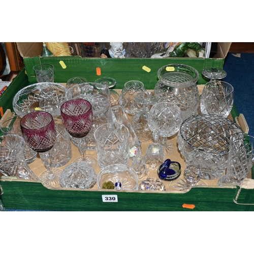 330 - THREE BOXES OF GLASSWARE AND ORNAMENTS, to include a large cut glass basket, fruit bowl and vase, De... 