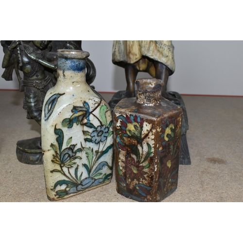 334 - TWO FLORAL PERSIAN QAJAR POTTERY TEA FLASKS, A CARVED SOAPSTONE FIGURE OF TWO EASTERN DEITIES, A SPE... 