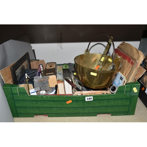 340 - TWO BOXES OF METALWARE AND MISCELLANEOUS ITEMS, to include a small wooden propeller, length 46cm, a ... 