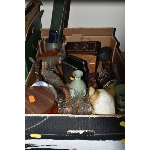 340 - TWO BOXES OF METALWARE AND MISCELLANEOUS ITEMS, to include a small wooden propeller, length 46cm, a ... 