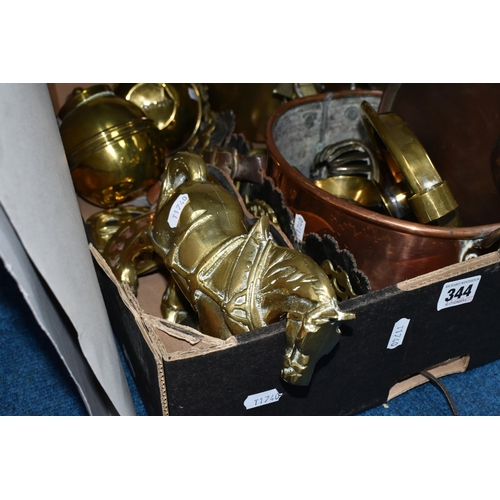 344 - ONE BOX OF METALWARE, to include two brass Lipton's Tea caddies stamped 'British Empire Exhibition 1... 