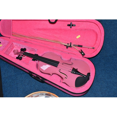 348 - A CHILDREN'S  BRIGHT PINK VIOLIN, with a pink bow and hard pink case, full length from tip to scroll... 