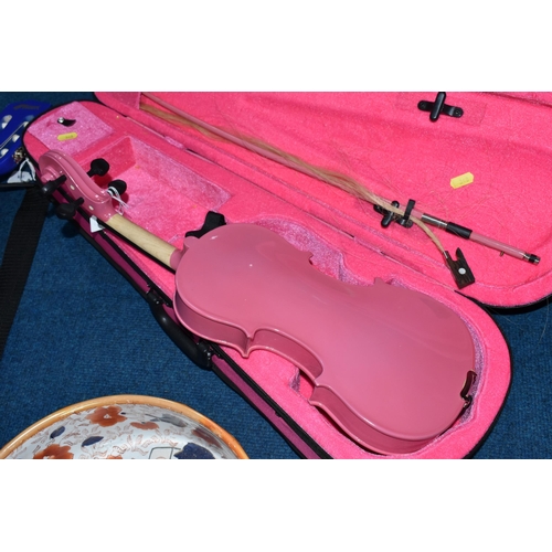 348 - A CHILDREN'S  BRIGHT PINK VIOLIN, with a pink bow and hard pink case, full length from tip to scroll... 