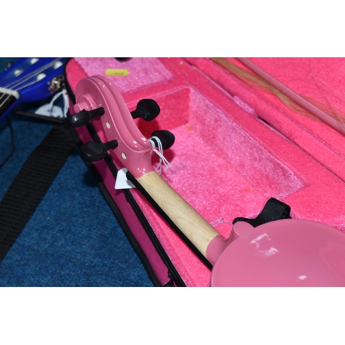 348 - A CHILDREN'S  BRIGHT PINK VIOLIN, with a pink bow and hard pink case, full length from tip to scroll... 