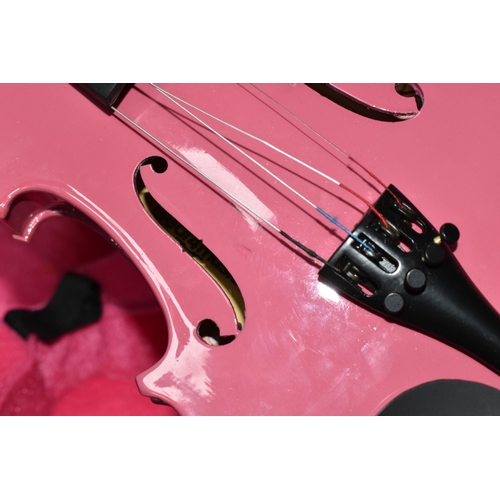 348 - A CHILDREN'S  BRIGHT PINK VIOLIN, with a pink bow and hard pink case, full length from tip to scroll... 