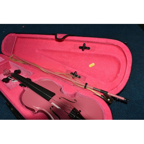 348 - A CHILDREN'S  BRIGHT PINK VIOLIN, with a pink bow and hard pink case, full length from tip to scroll... 