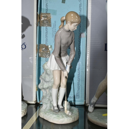 349 - FIVE BOXED LLADRO AND NAO GOLFER FIGURES, comprising four Lladro figures: Golfer no 4824, sculptor V... 