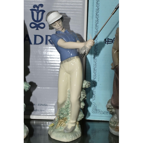 349 - FIVE BOXED LLADRO AND NAO GOLFER FIGURES, comprising four Lladro figures: Golfer no 4824, sculptor V... 