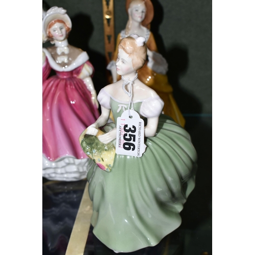 356 - FIVE ROYAL DOULTON FIGURINES, comprising Clarissa HN2345, Sunday Morning HN2184 (repaired around nec... 