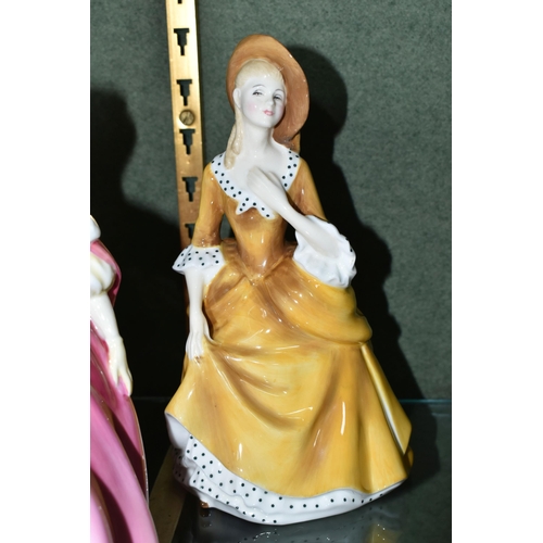 356 - FIVE ROYAL DOULTON FIGURINES, comprising Clarissa HN2345, Sunday Morning HN2184 (repaired around nec... 