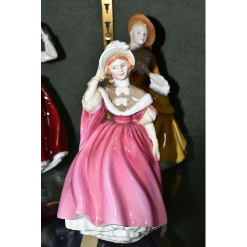 356 - FIVE ROYAL DOULTON FIGURINES, comprising Clarissa HN2345, Sunday Morning HN2184 (repaired around nec... 