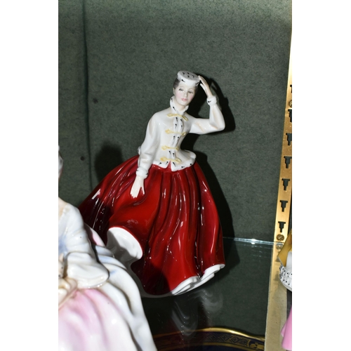 356 - FIVE ROYAL DOULTON FIGURINES, comprising Clarissa HN2345, Sunday Morning HN2184 (repaired around nec... 