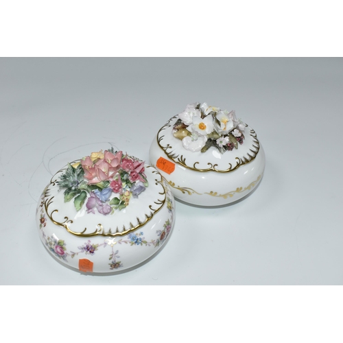 357 - A ROYAL WORCESTER 'IMARI COCKEREL' CANDLE SNUFFER AND TWO ROYAL CROWN DERBY COVERED FLORAL BOXES, th... 