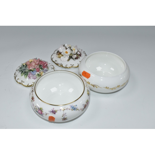 357 - A ROYAL WORCESTER 'IMARI COCKEREL' CANDLE SNUFFER AND TWO ROYAL CROWN DERBY COVERED FLORAL BOXES, th... 