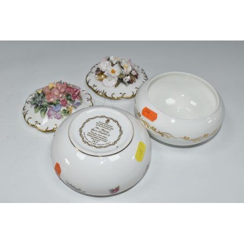 357 - A ROYAL WORCESTER 'IMARI COCKEREL' CANDLE SNUFFER AND TWO ROYAL CROWN DERBY COVERED FLORAL BOXES, th... 